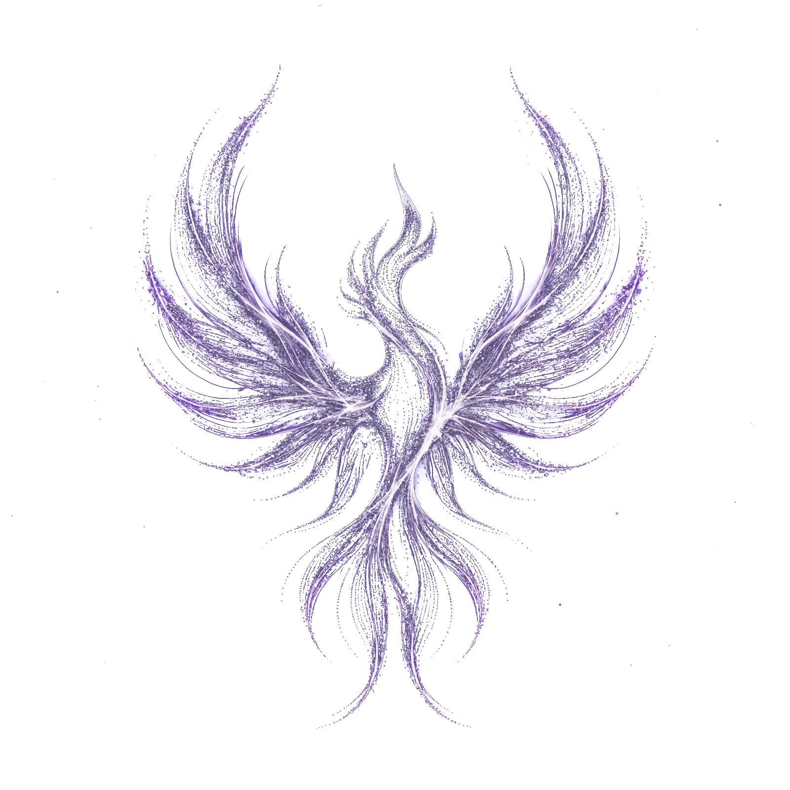 Fénix de partículas luminosas blancas y violetas ascendiendo, emblema de Redemption Studios